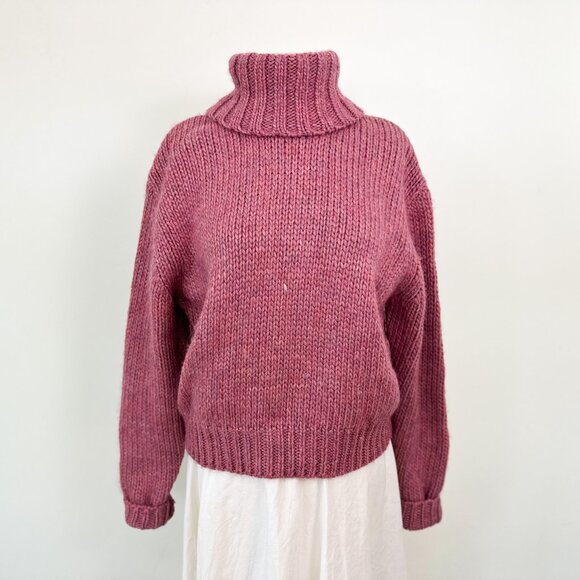 Rose Wool + Alpaca Size Medium Chunky Knit Roll Neck Turtleneck Sweater Pullover - Picture 1 of 8
